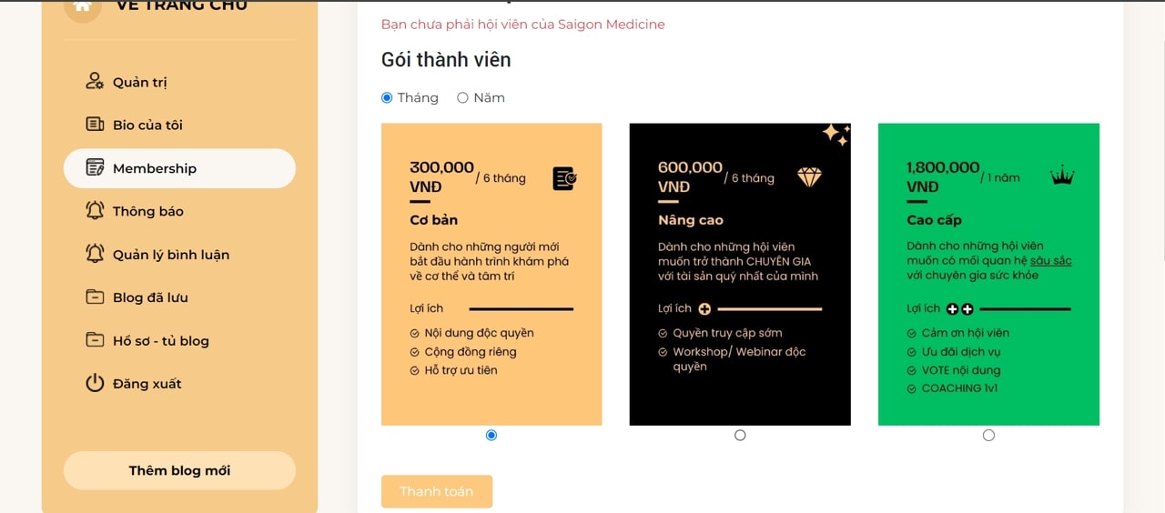 Gói đăng kí thành viên của Saigon Medicine